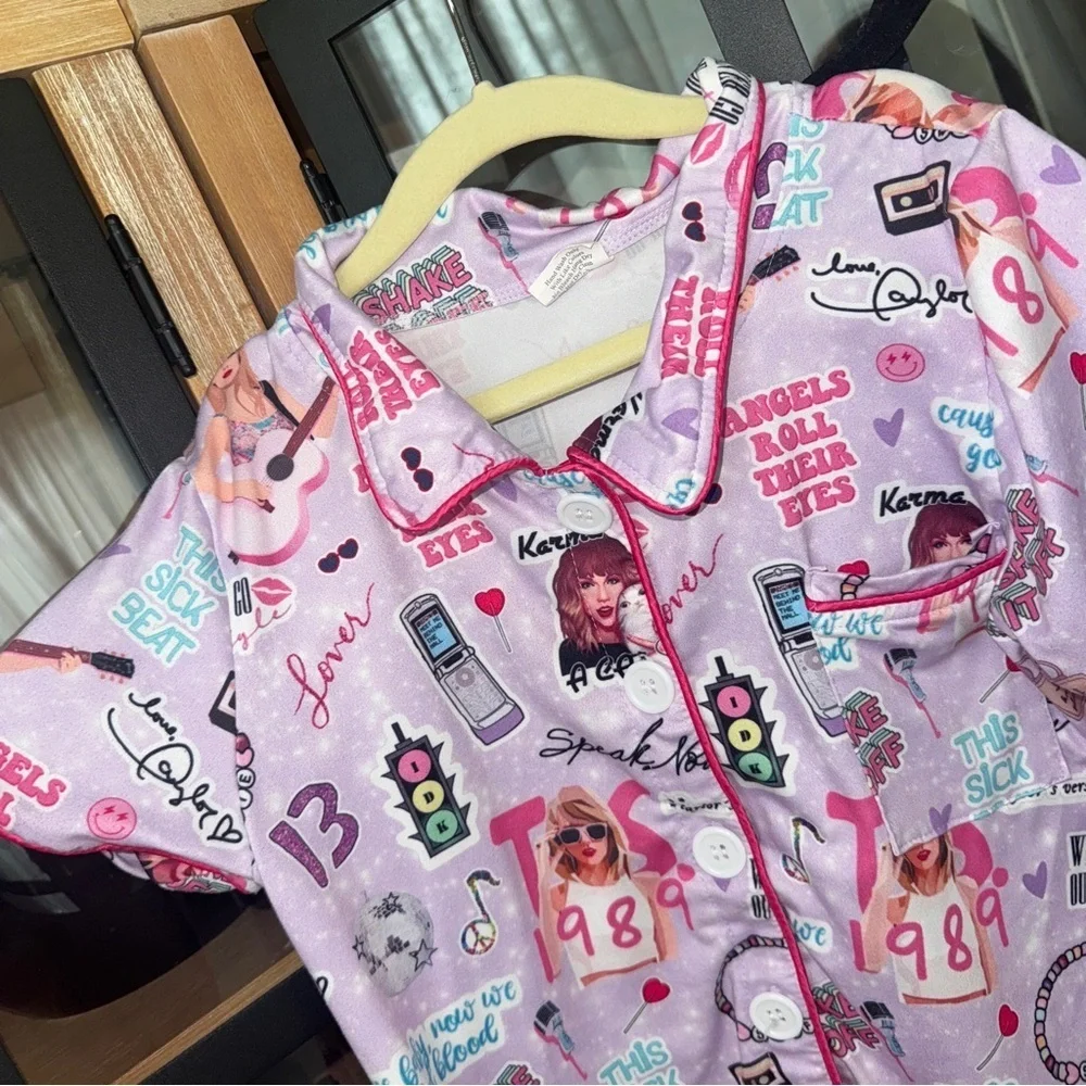 Swifty Pajamas set girls button down shirt top short sleeve shorts 13 eras tour
